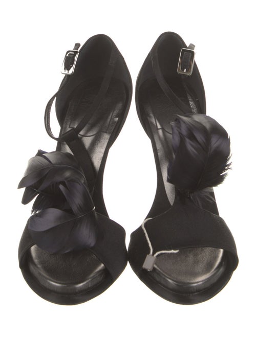 Roger Vivier Satin Feather Trim T-Strap Sandals