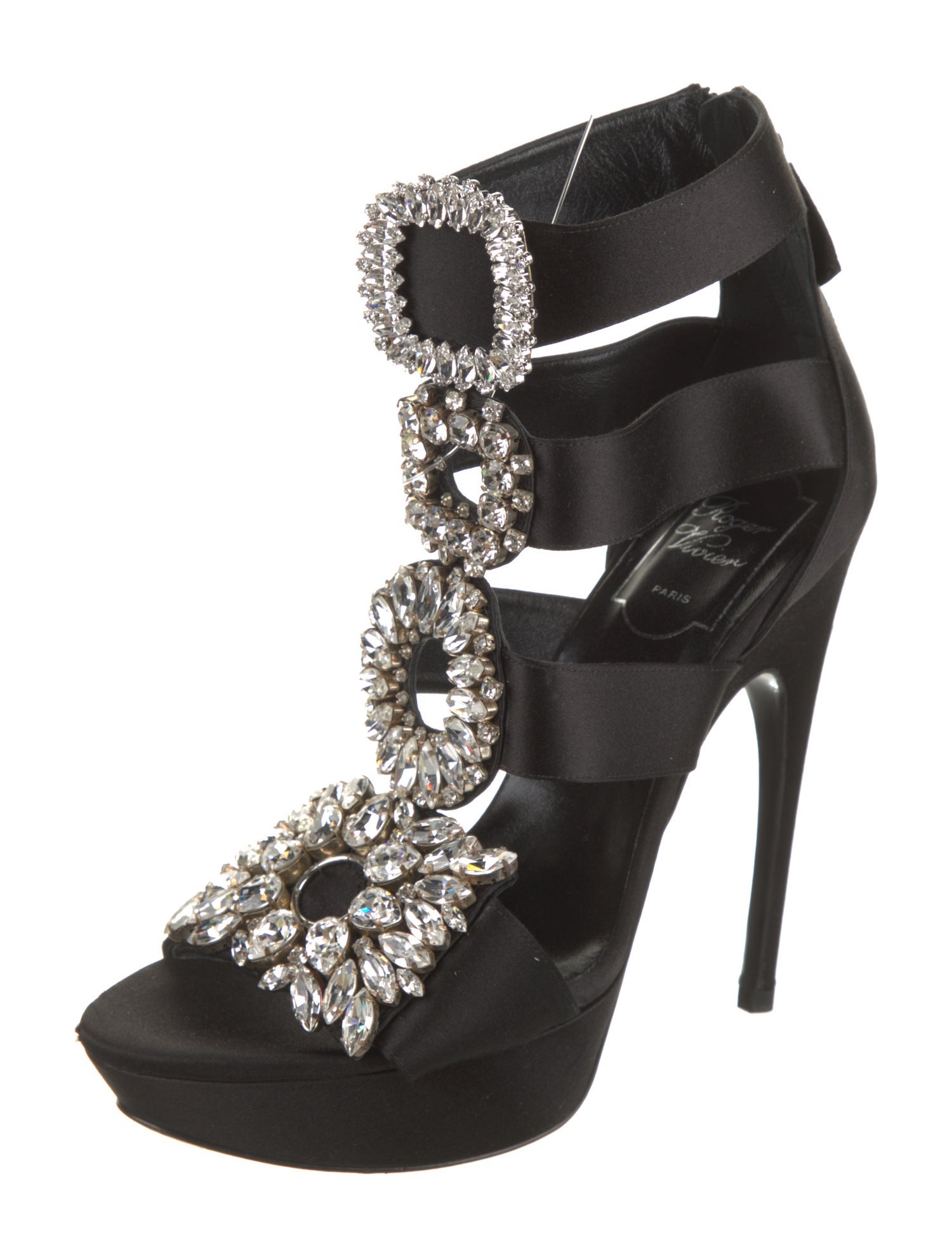 Roger Vivier Satin Crystal Embellishments T-Strap Sandals