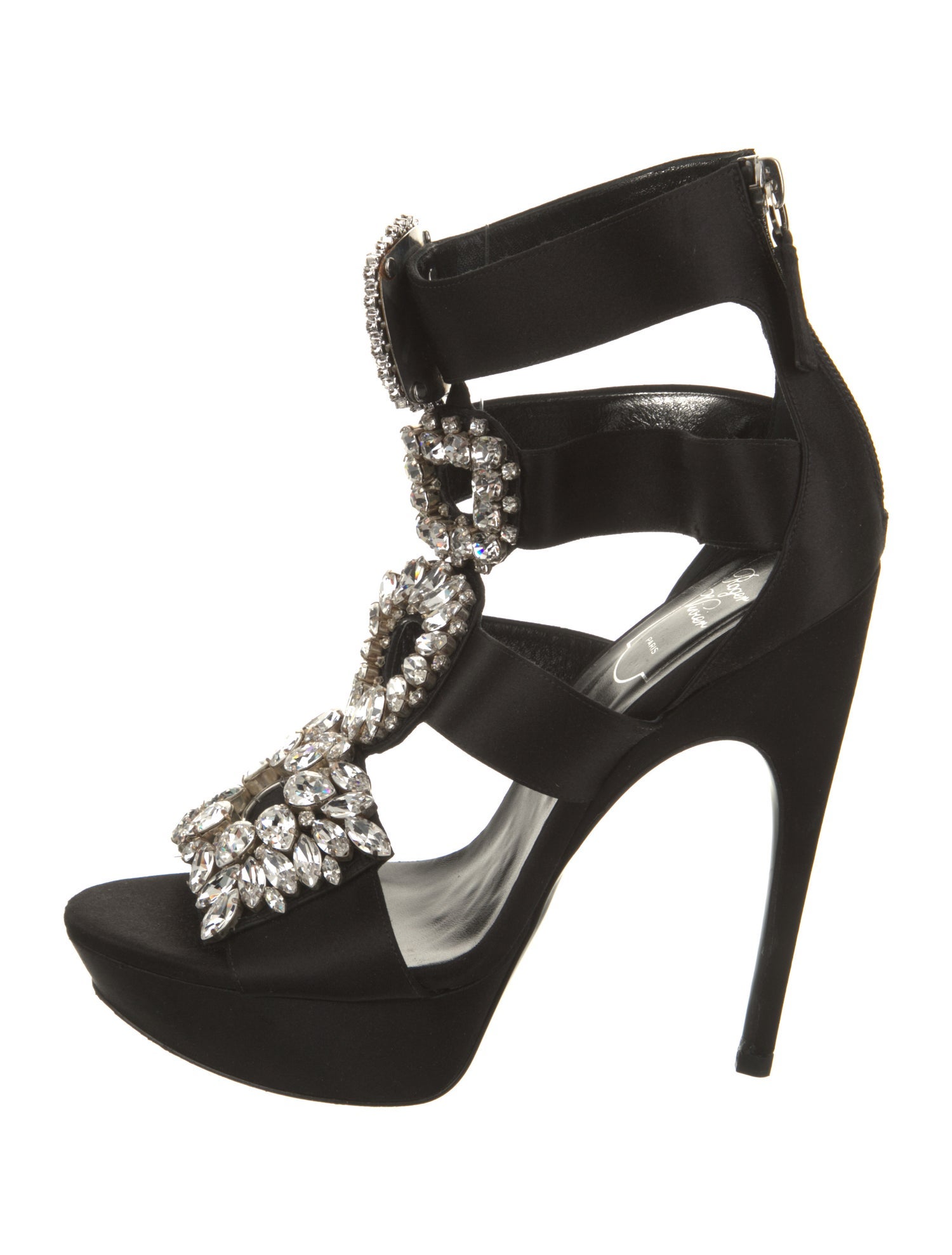 Roger Vivier Satin Crystal Embellishments T-Strap Sandals