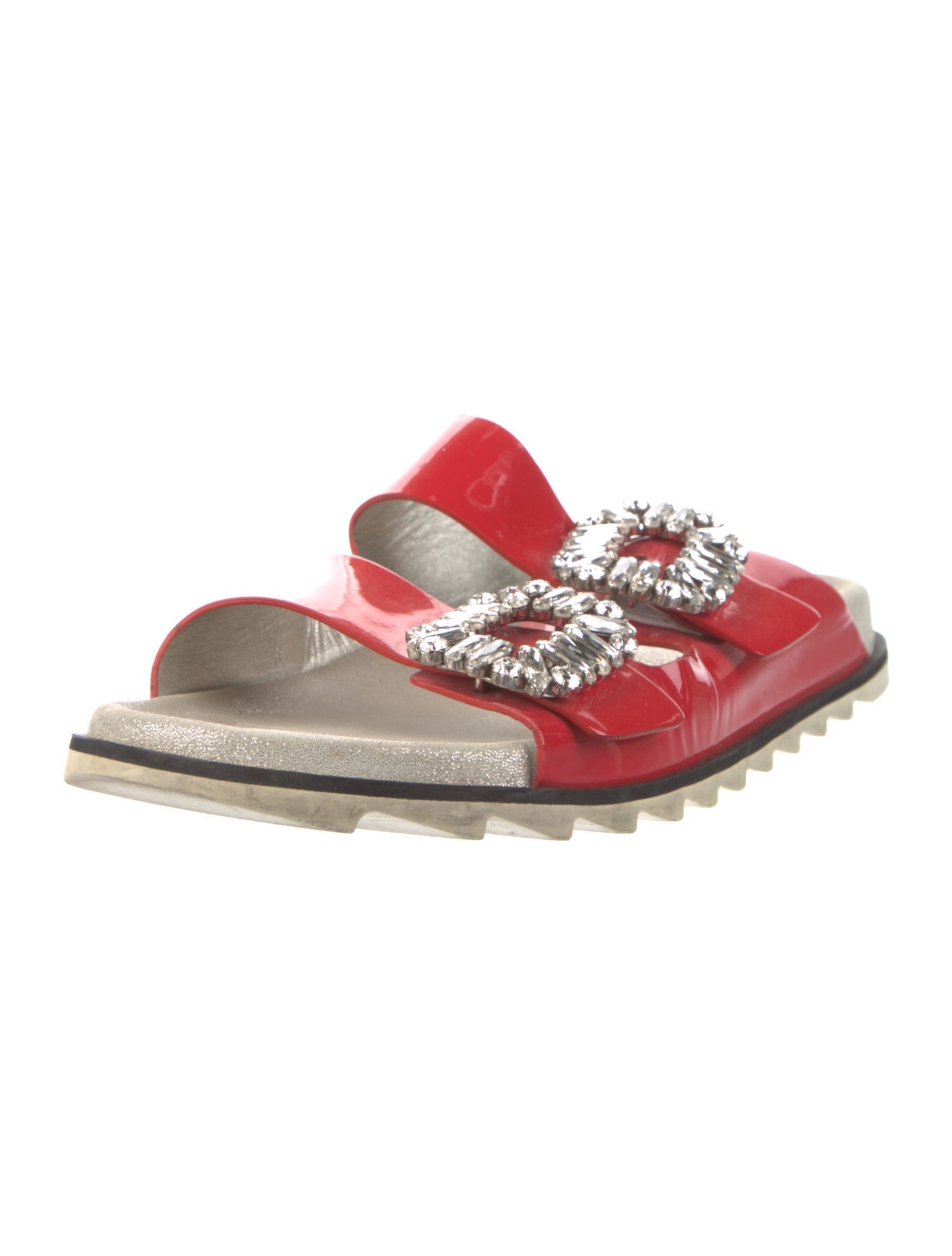 Roger Vivier Patent Leather Crystal Embellishments Slides