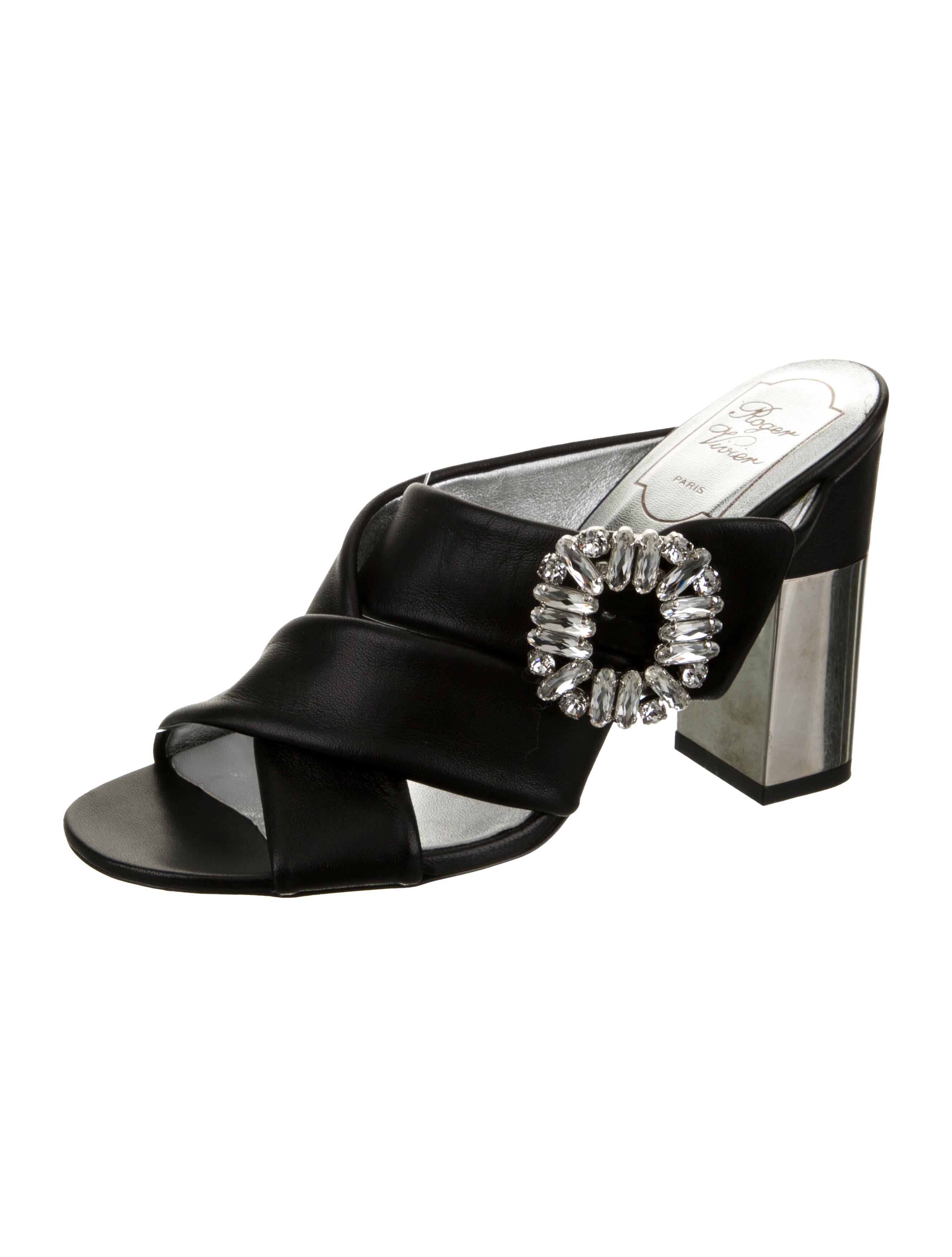 Roger Vivier Leather Crystal Embellishments Slides