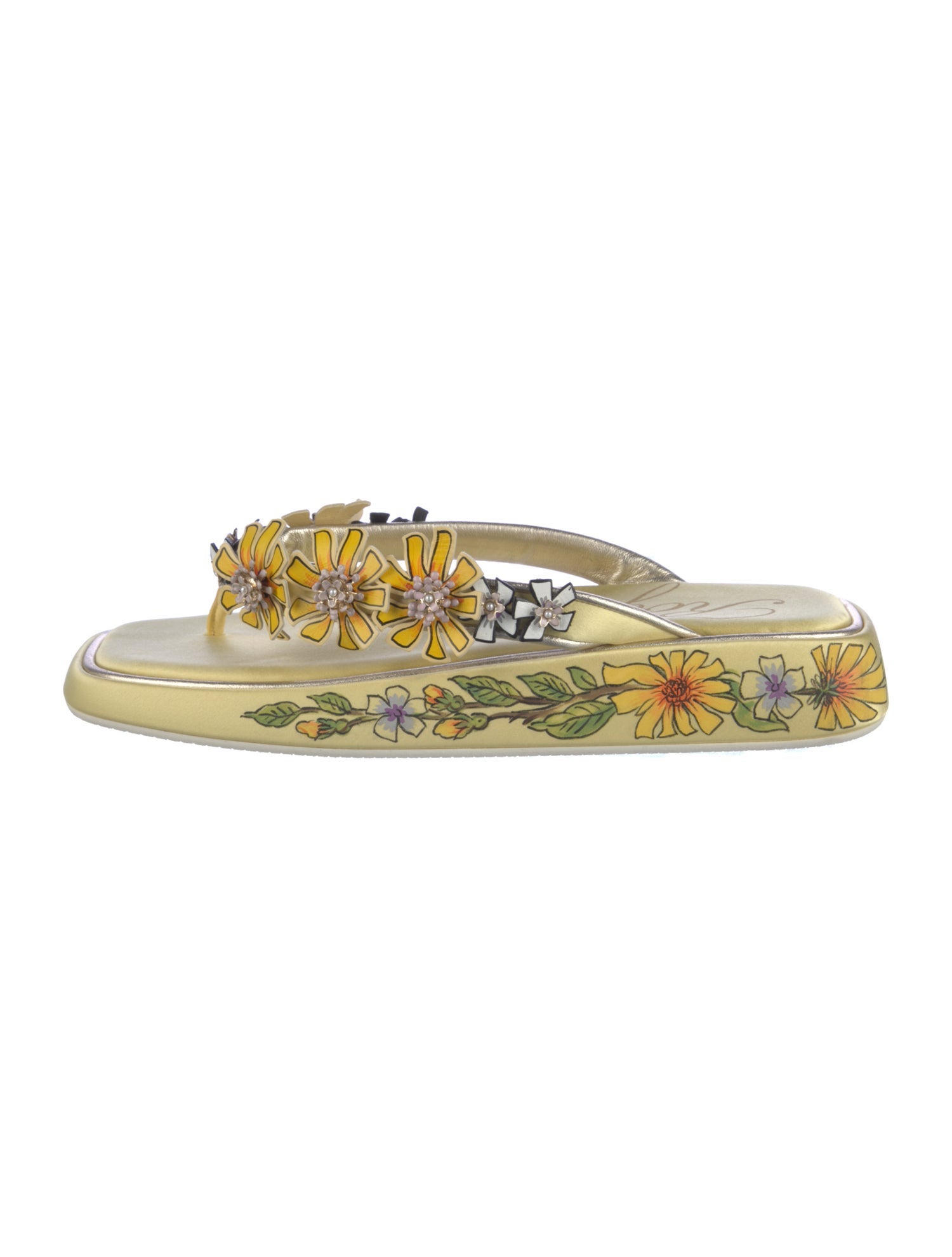 Roger Vivier Satin Floral Print Flip Flops