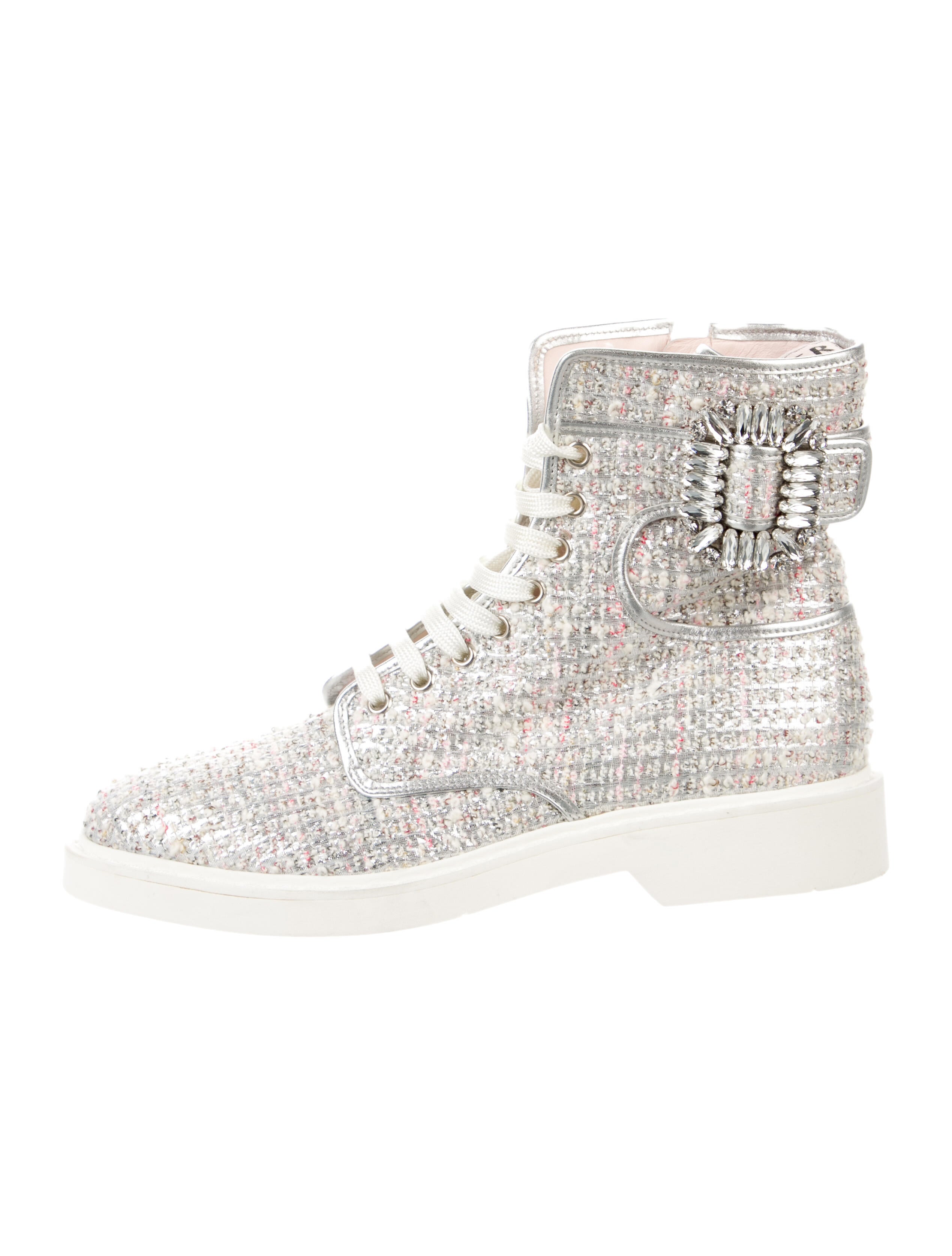 Roger Vivier Tweed Crystal Embellishments Lace-Up Boots