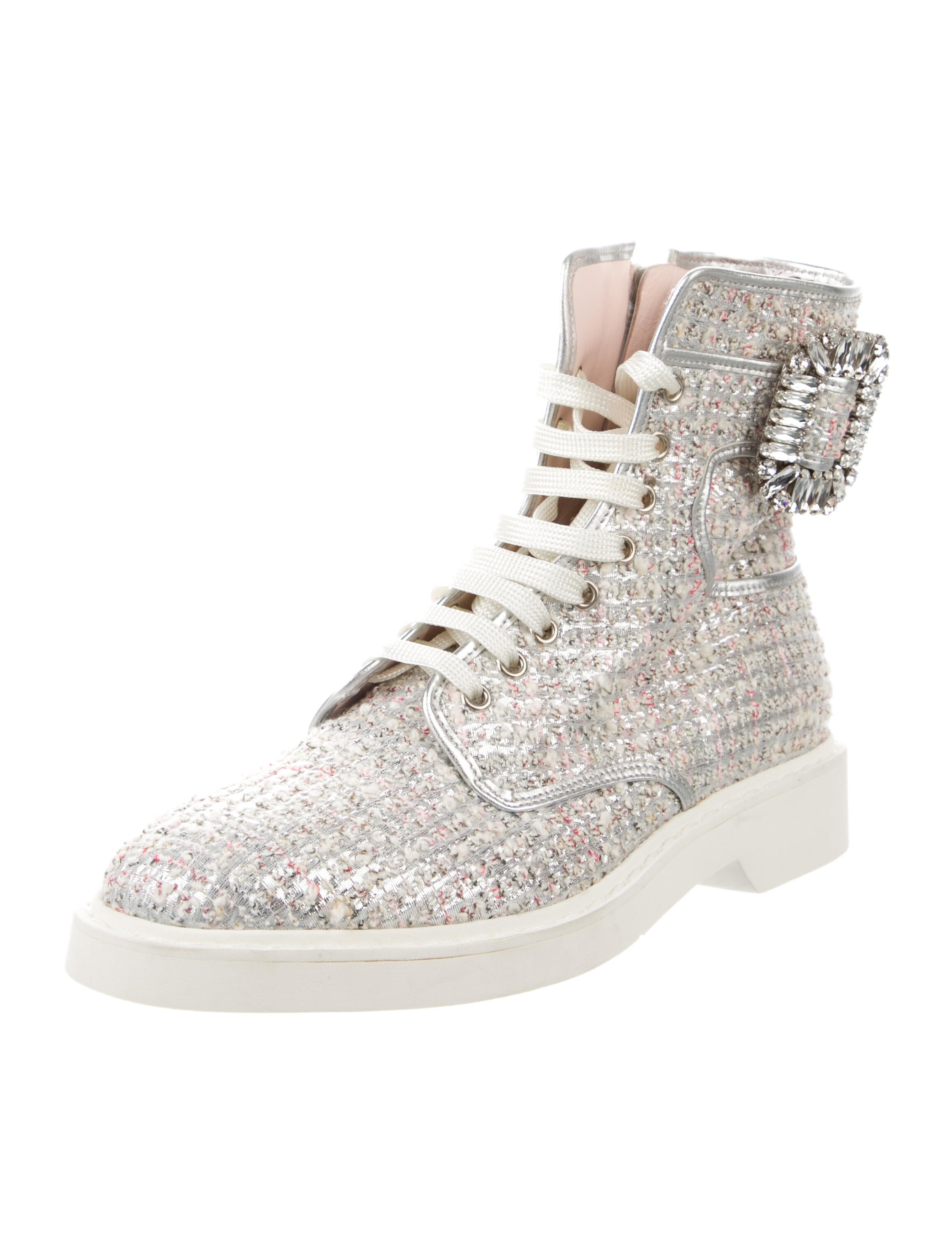 Roger Vivier Tweed Crystal Embellishments Lace-Up Boots