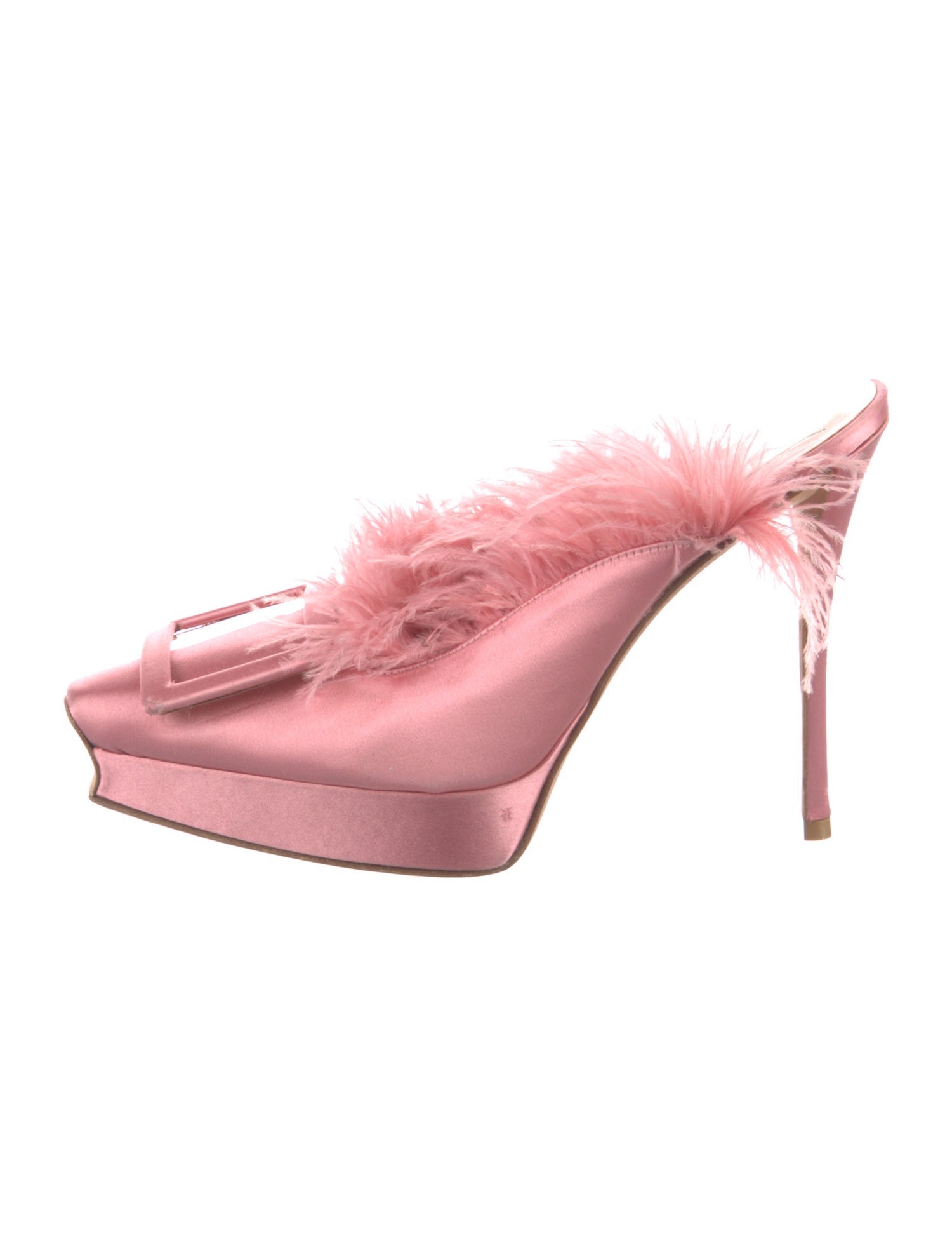 Roger Vivier Satin Feather Trim Mules