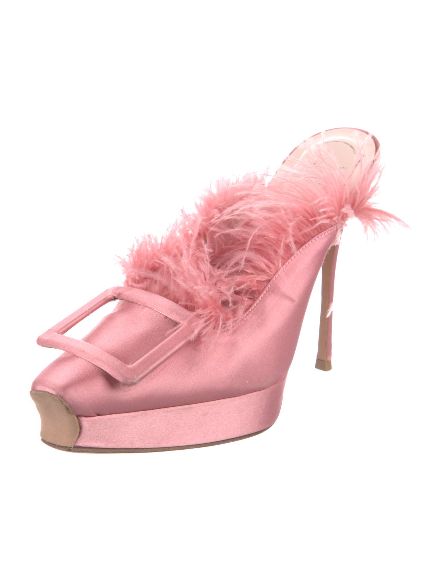 Roger Vivier Satin Feather Trim Mules