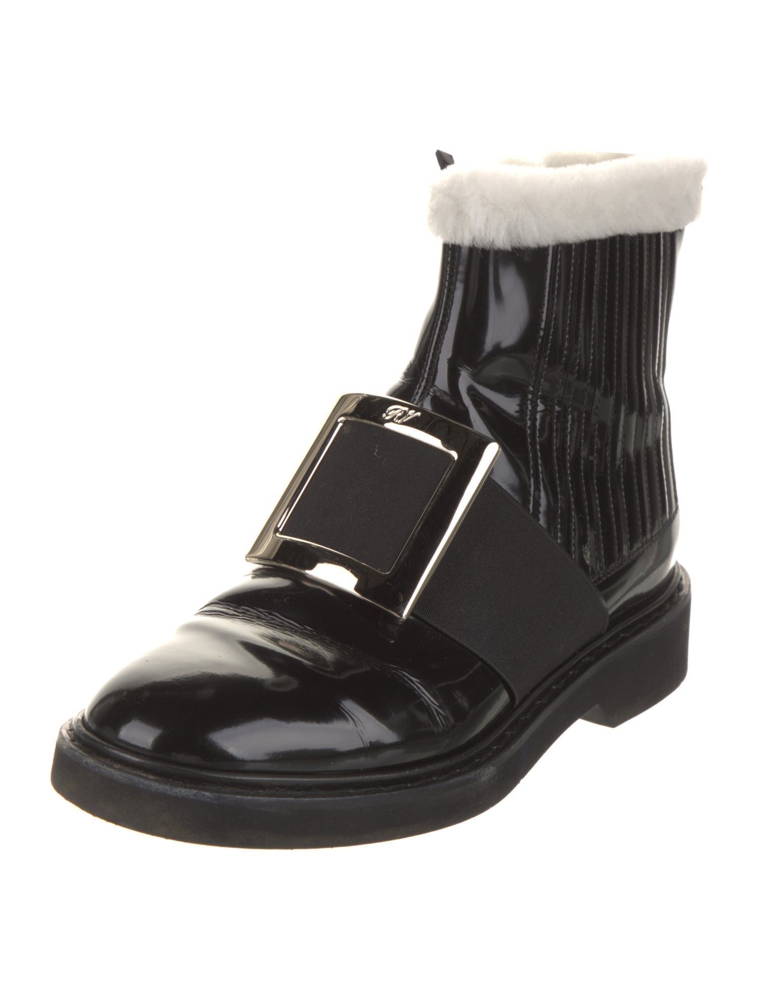 Roger Vivier Patent Leather Faux Fur Trim Moto Boots