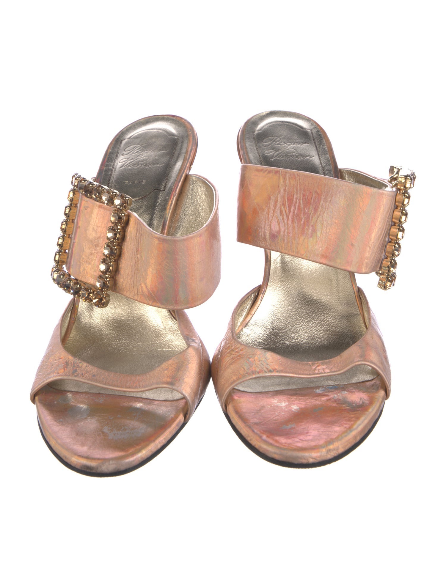 Roger Vivier Leather Crystal Embellishments Slides