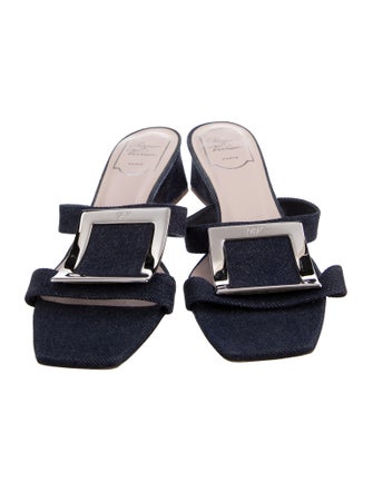 Roger Vivier Denim Leather Trim Embellishment Slides