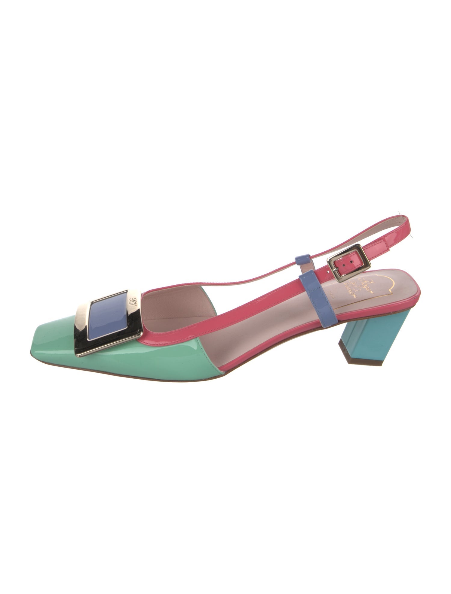 Roger Vivier Patent Leather Colorblock Pattern Slingback Pumps