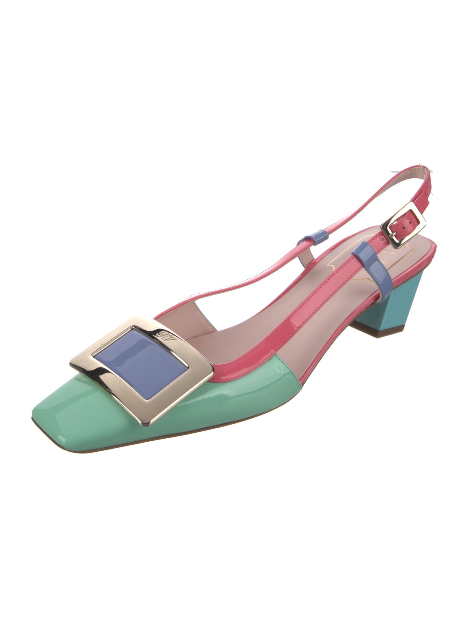 Roger Vivier Patent Leather Colorblock Pattern Slingback Pumps
