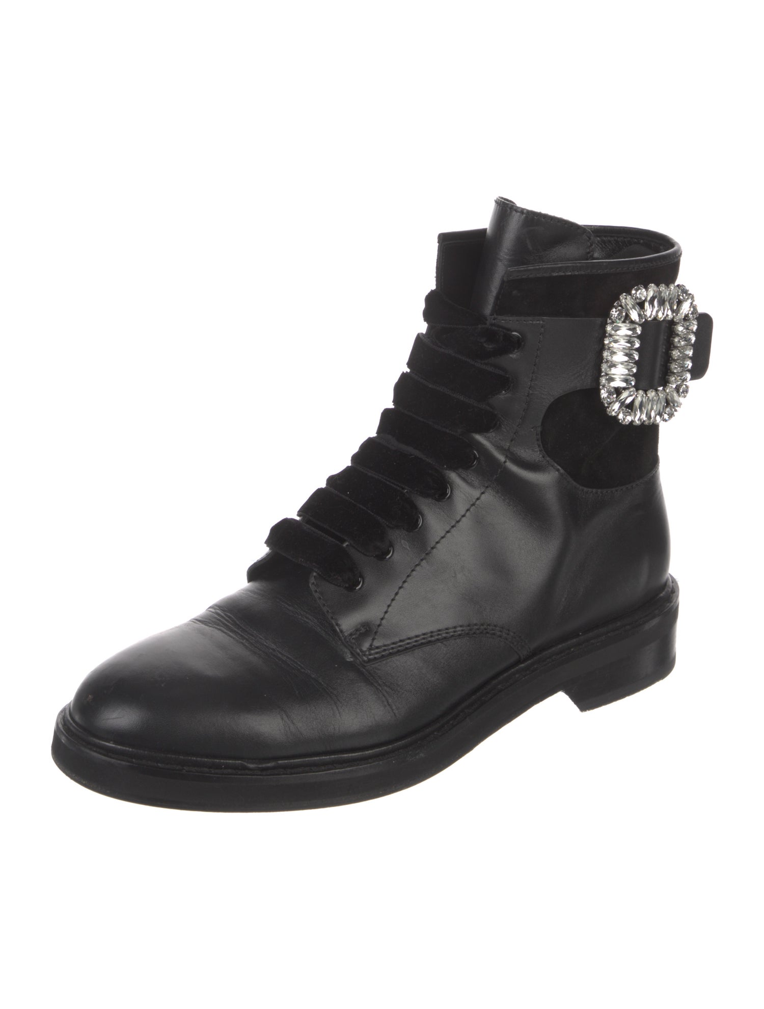 Roger Vivier Leather Crystal Embellishments Combat Boots