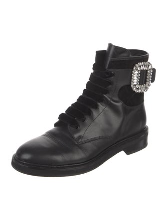 Roger Vivier Leather Crystal Embellishments Combat Boots