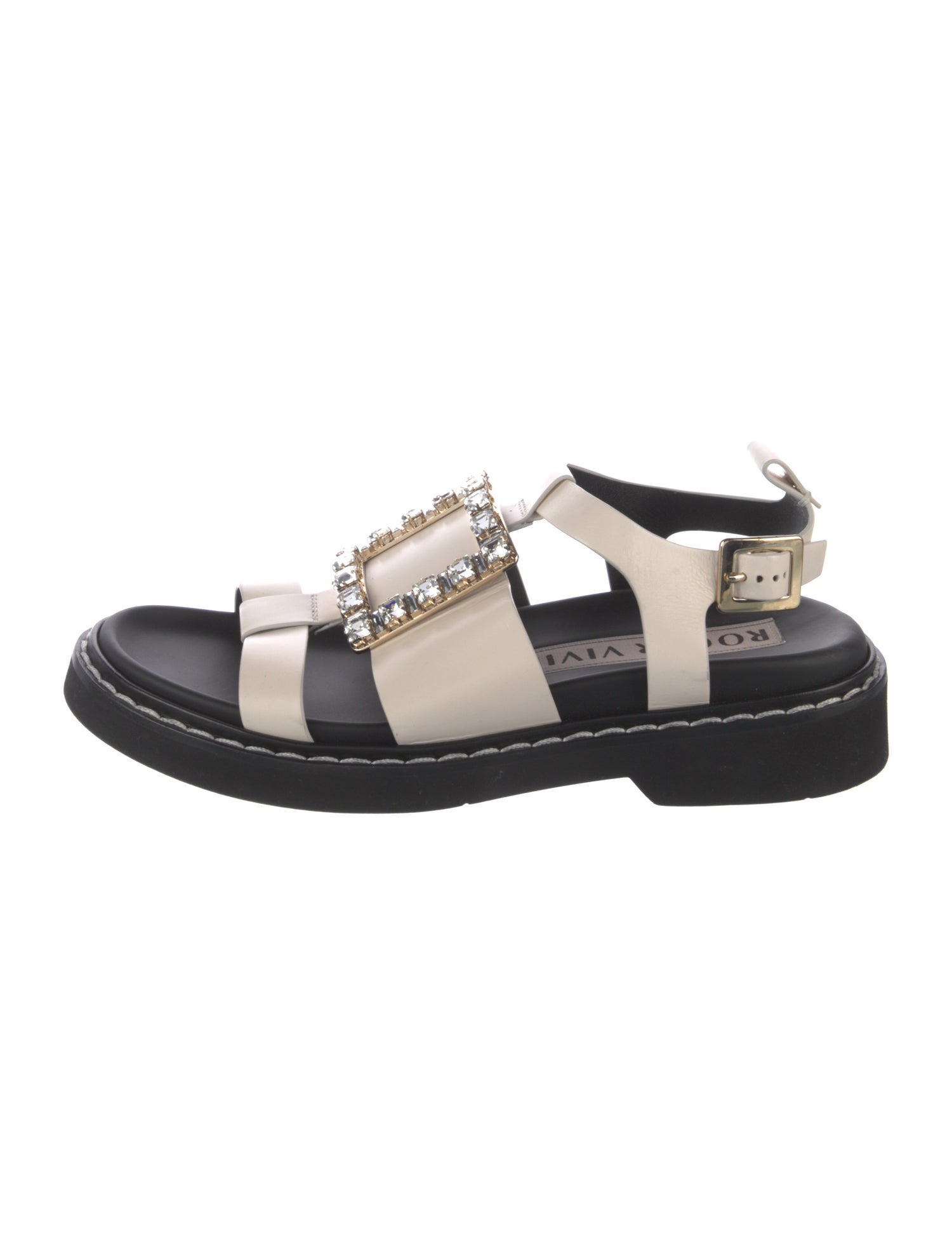 Roger Vivier Leather Crystal Embellishments T-Strap Sandals