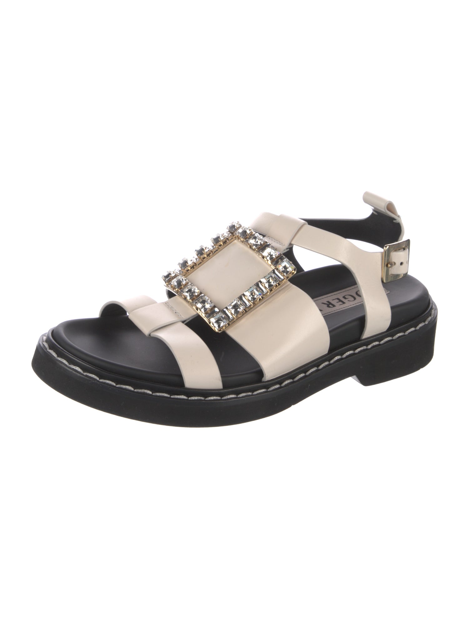Roger Vivier Leather Crystal Embellishments T-Strap Sandals