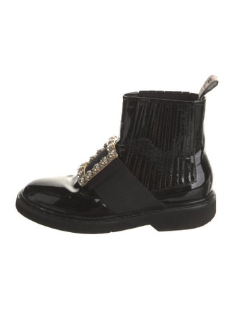 Roger Vivier Patent Leather Crystal Embellishments Combat Boots