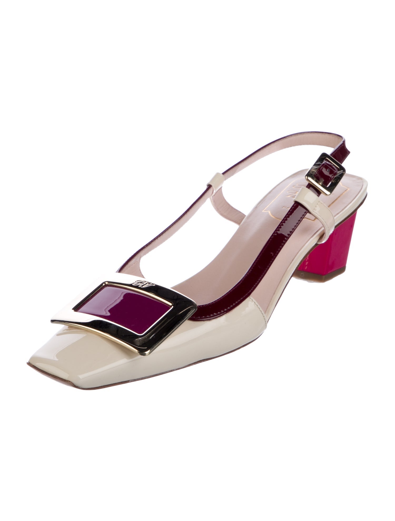 Roger Vivier Patent Leather Colorblock Pattern Slingback Pumps
