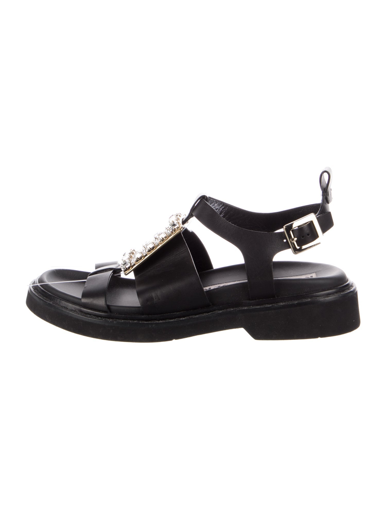 Roger Vivier Leather Crystal Embellishments T-Strap Sandals