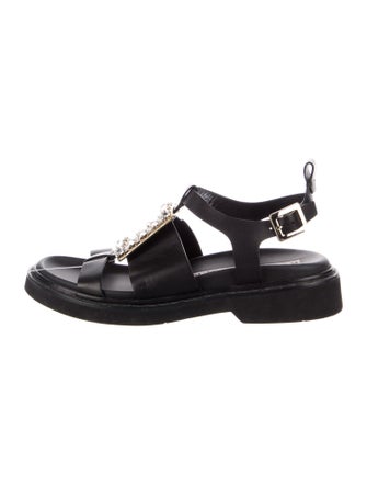 Roger Vivier Leather Crystal Embellishments T-Strap Sandals