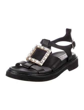 Roger Vivier Leather Crystal Embellishments T-Strap Sandals