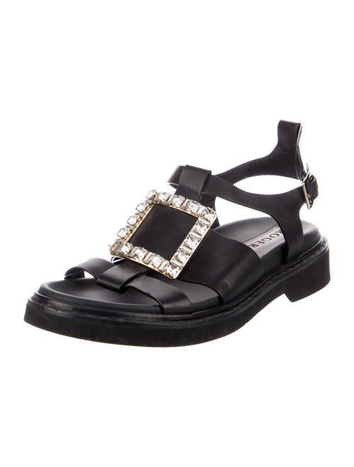 Roger Vivier Leather Crystal Embellishments T-Strap Sandals