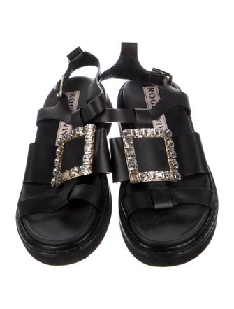Roger Vivier Leather Crystal Embellishments T-Strap Sandals