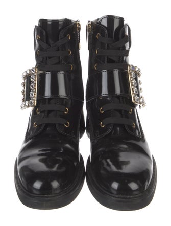 Roger Vivier Patent Leather Crystal Embellishments Combat Boots