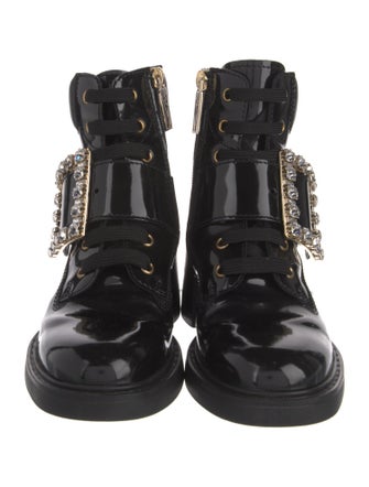 Roger Vivier Patent Leather Crystal Embellishments Combat Boots