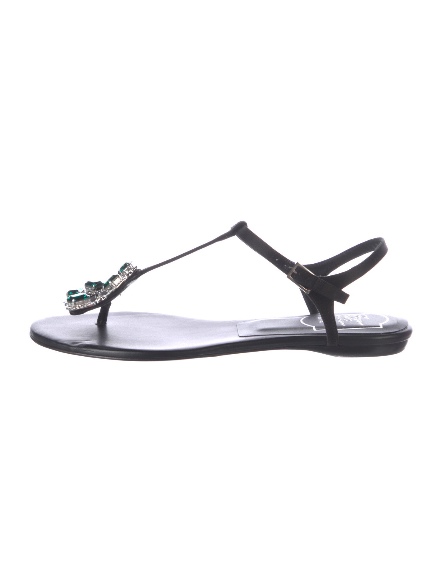 Roger Vivier Leather Crystal Embellishments T-Strap Sandals