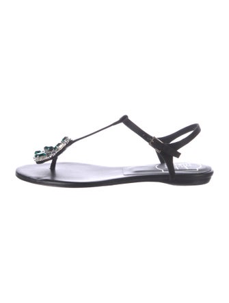 Roger Vivier Leather Crystal Embellishments T-Strap Sandals