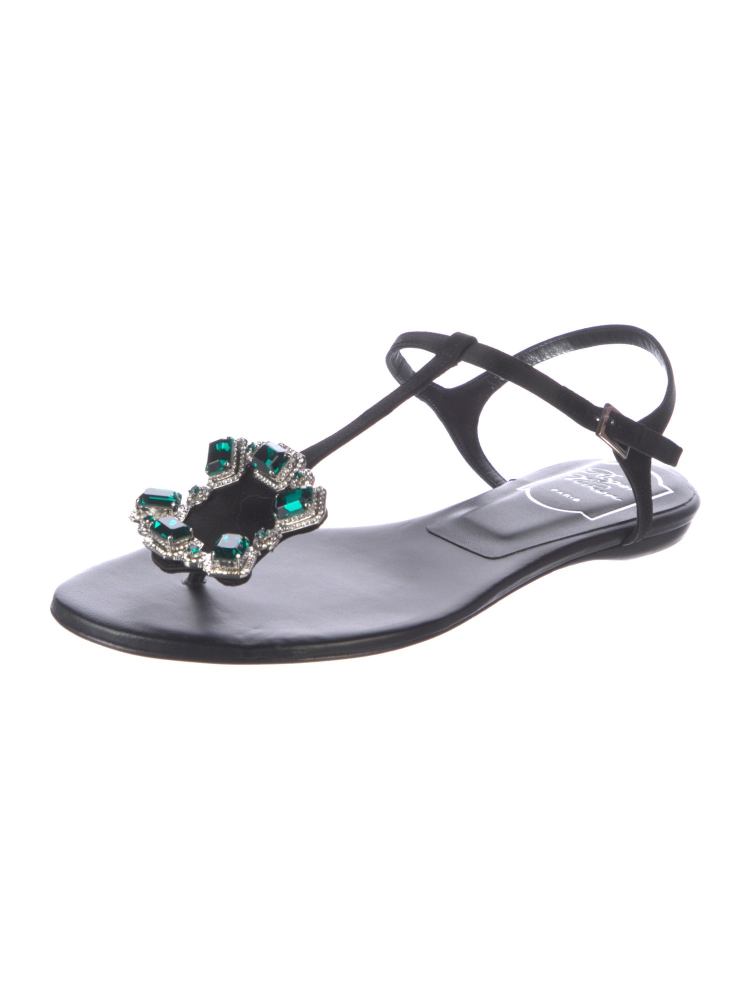 Roger Vivier Leather Crystal Embellishments T-Strap Sandals