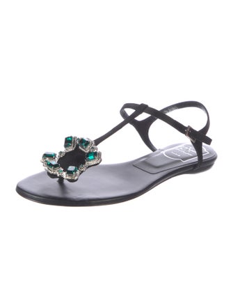 Roger Vivier Leather Crystal Embellishments T-Strap Sandals