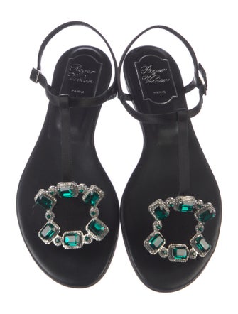 Roger Vivier Leather Crystal Embellishments T-Strap Sandals