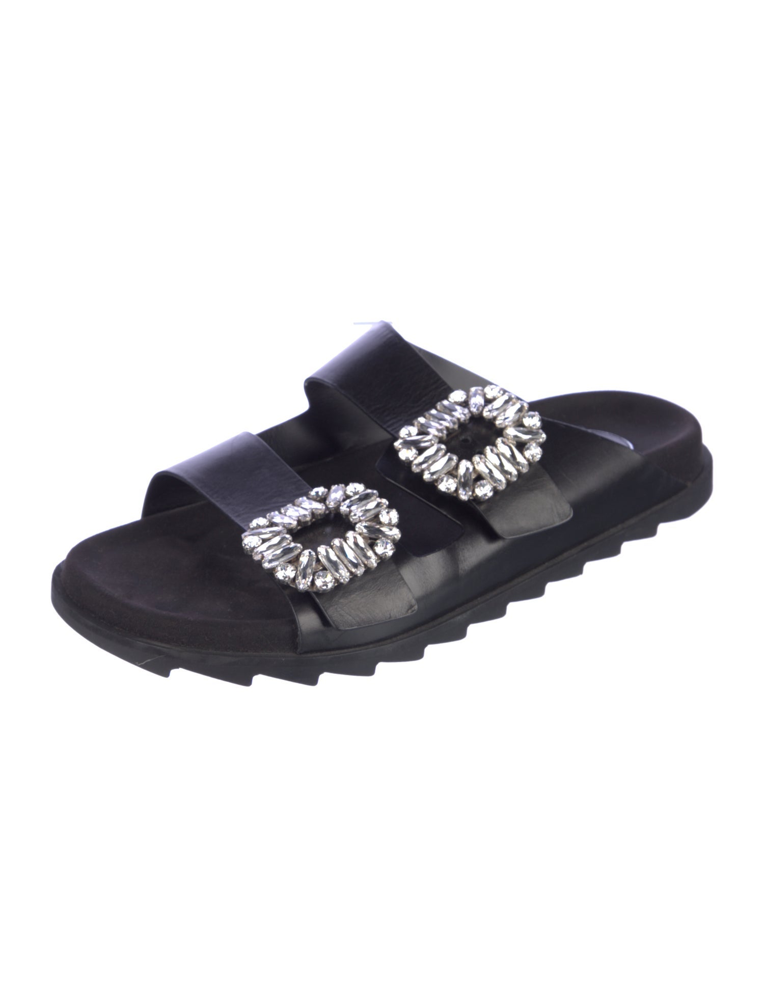 Roger Vivier Leather Crystal Embellishments Slides