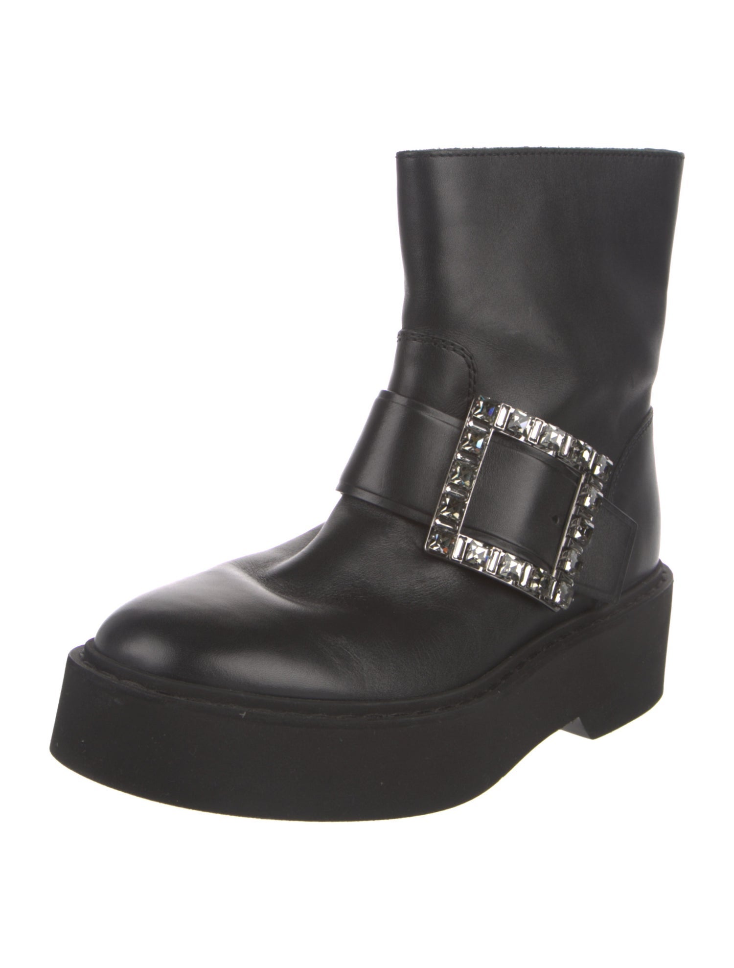 Roger Vivier Leather Crystal Embellishments Moto Boots