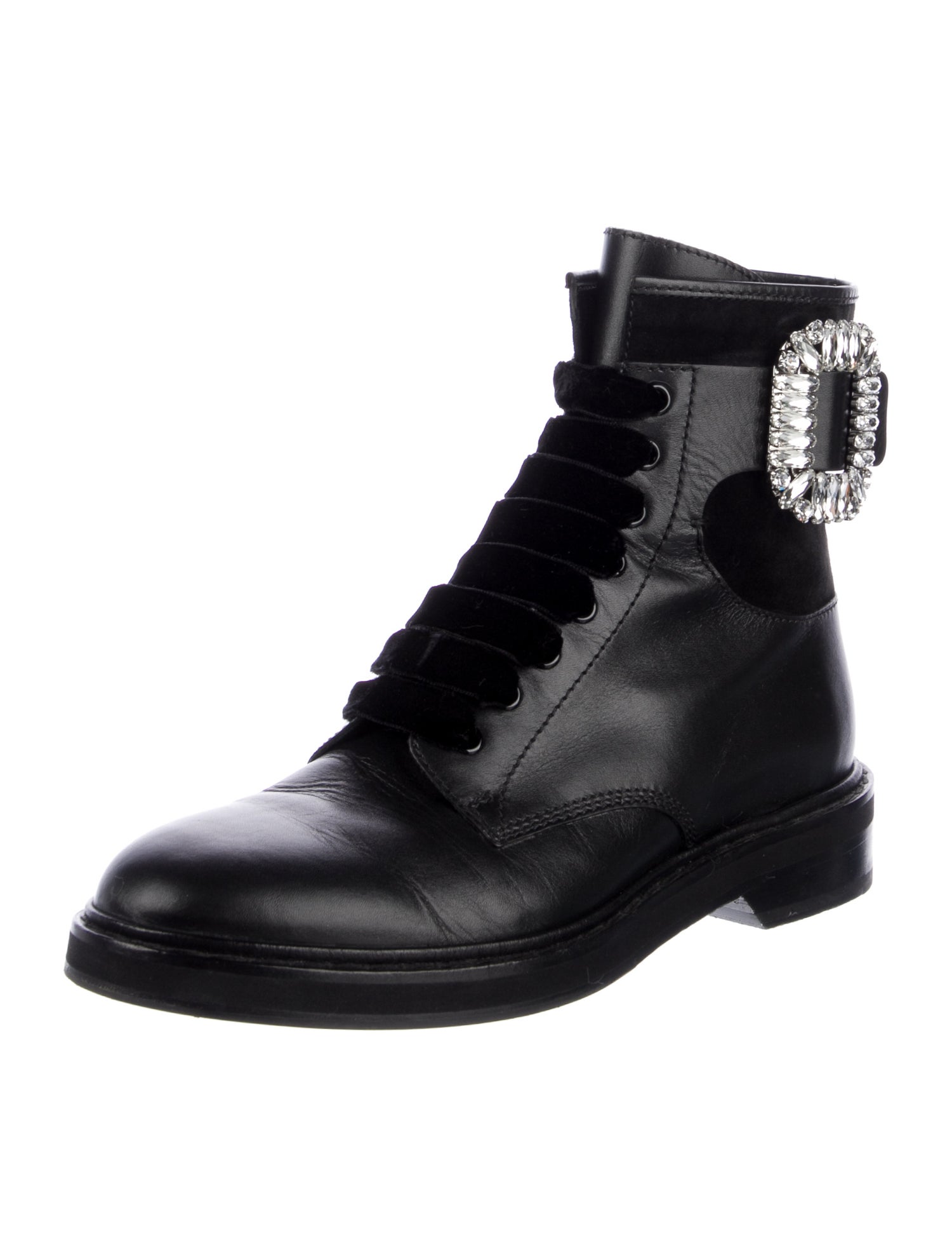 Roger Vivier Leather Crystal Embellishments Combat Boots