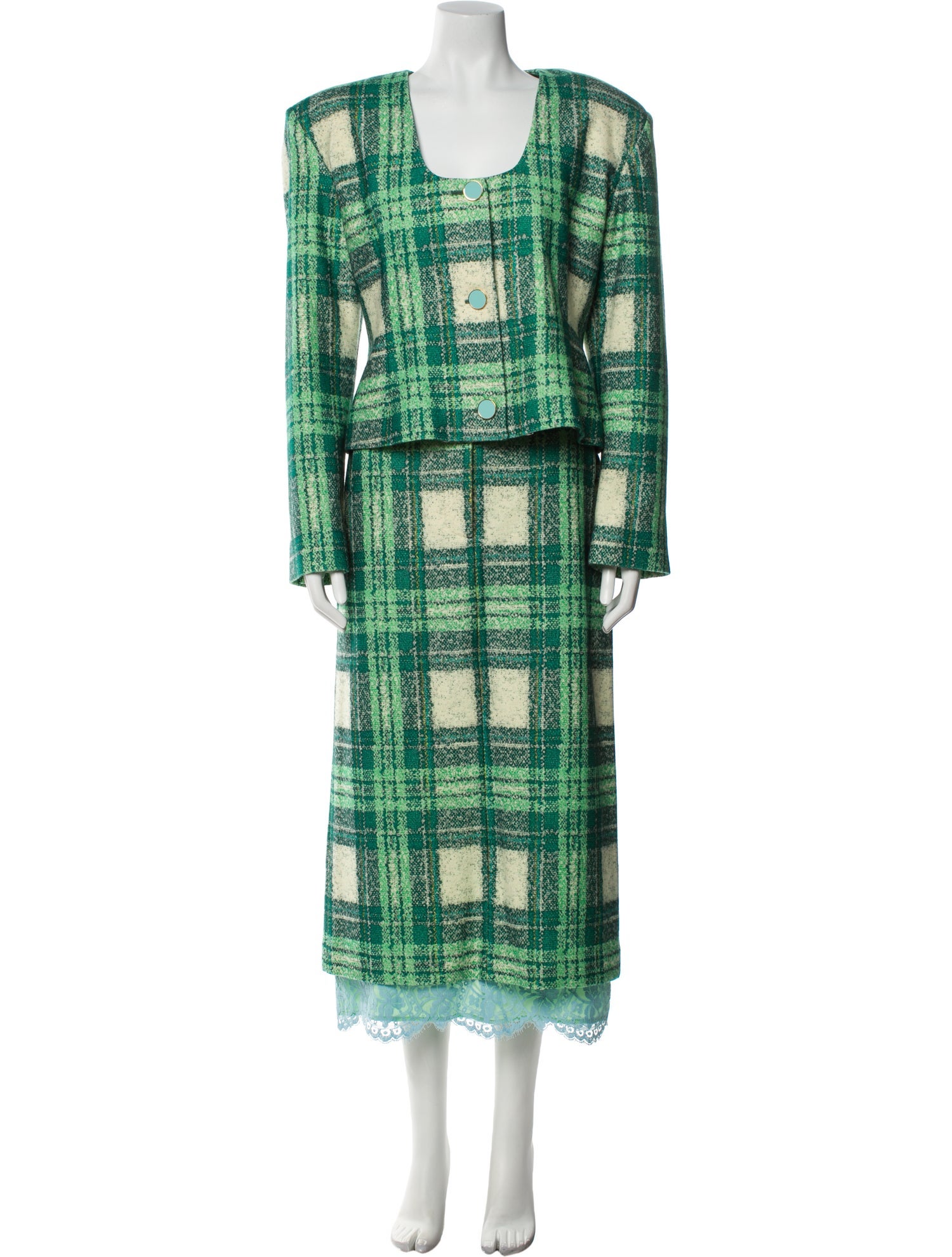 Rowen Rose Virgin Wool Plaid Print Skirt Suit