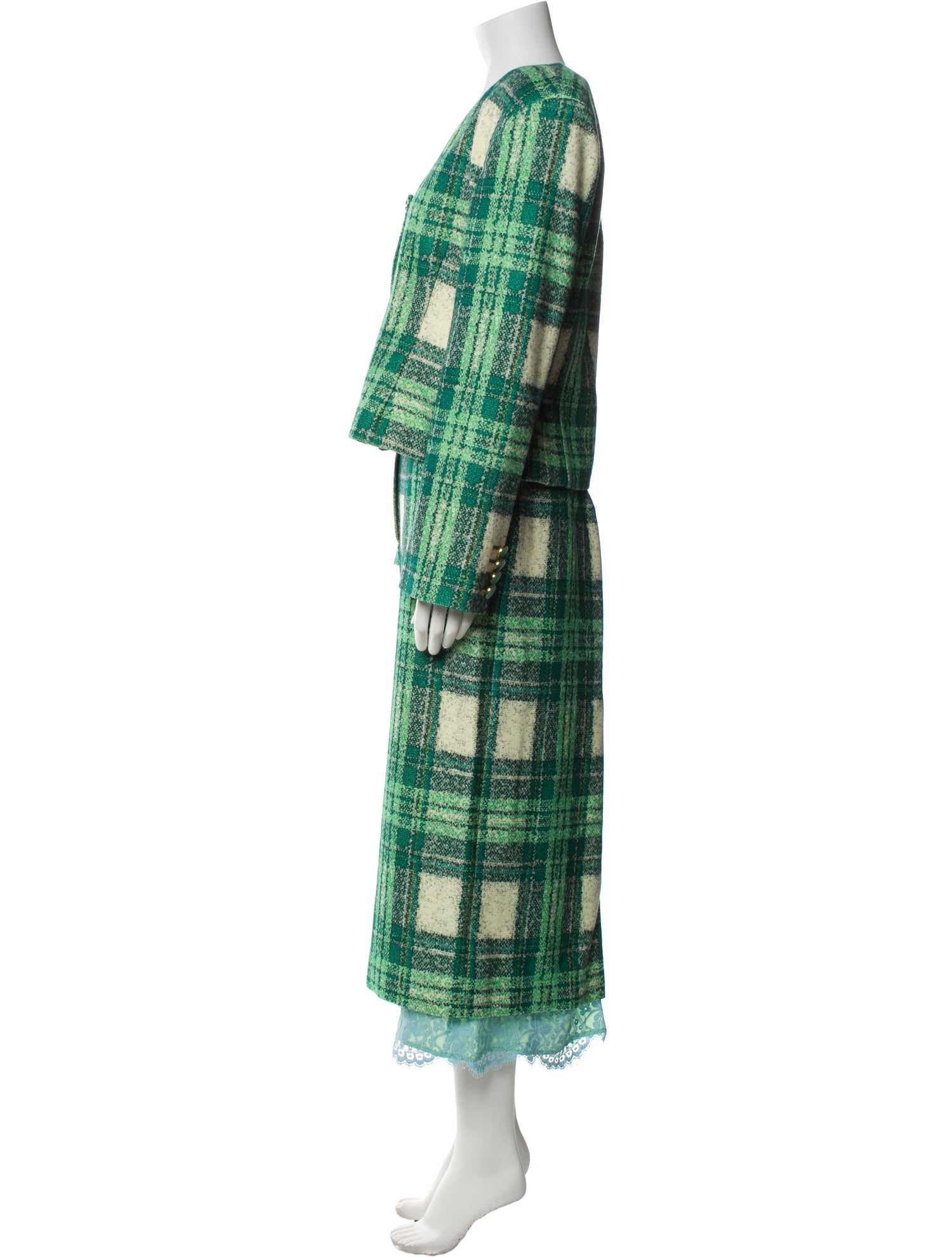 Rowen Rose Virgin Wool Plaid Print Skirt Suit
