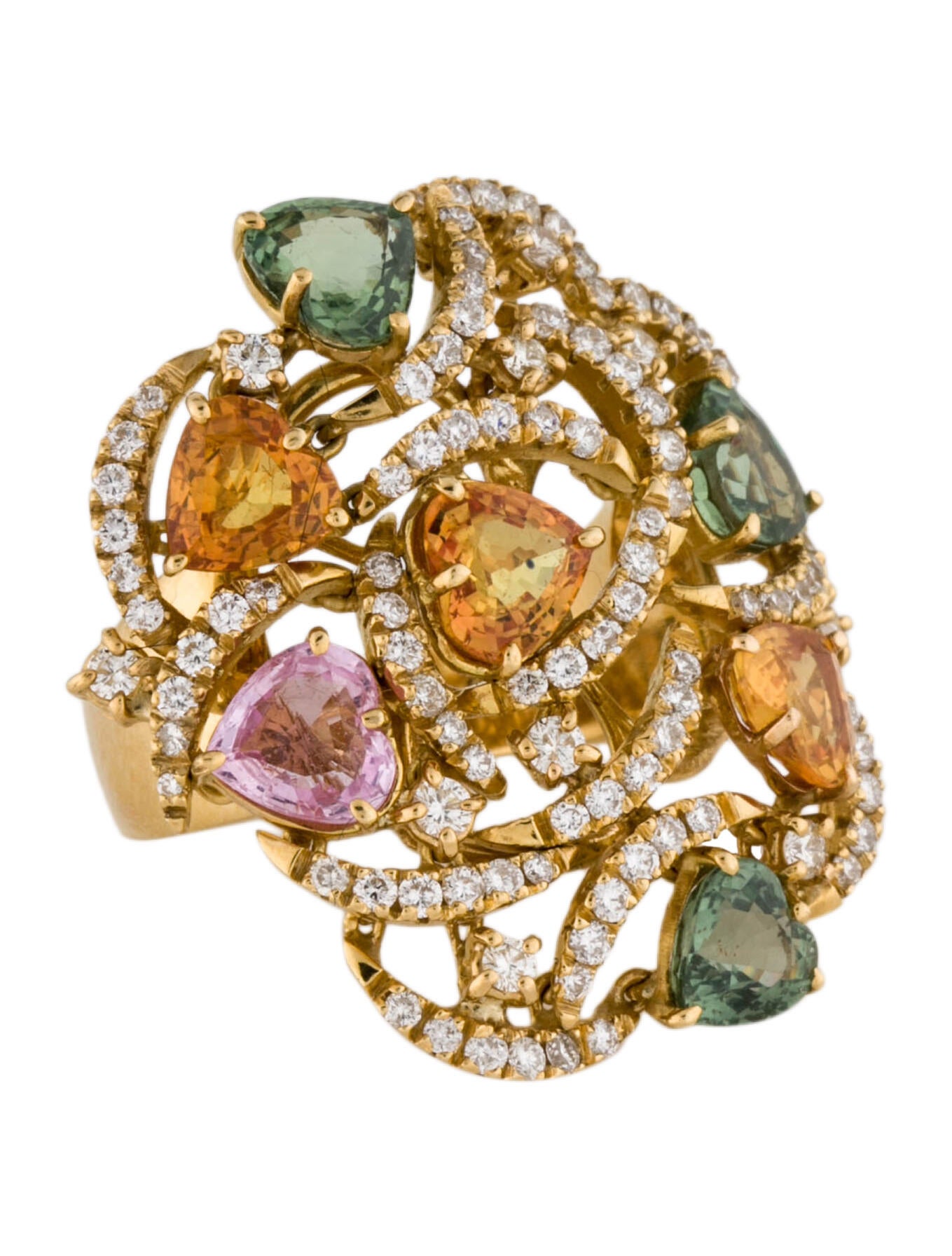 Ring 14K Ruby, Sapphire, Emerald & Diamond Crossover Cocktail Ring