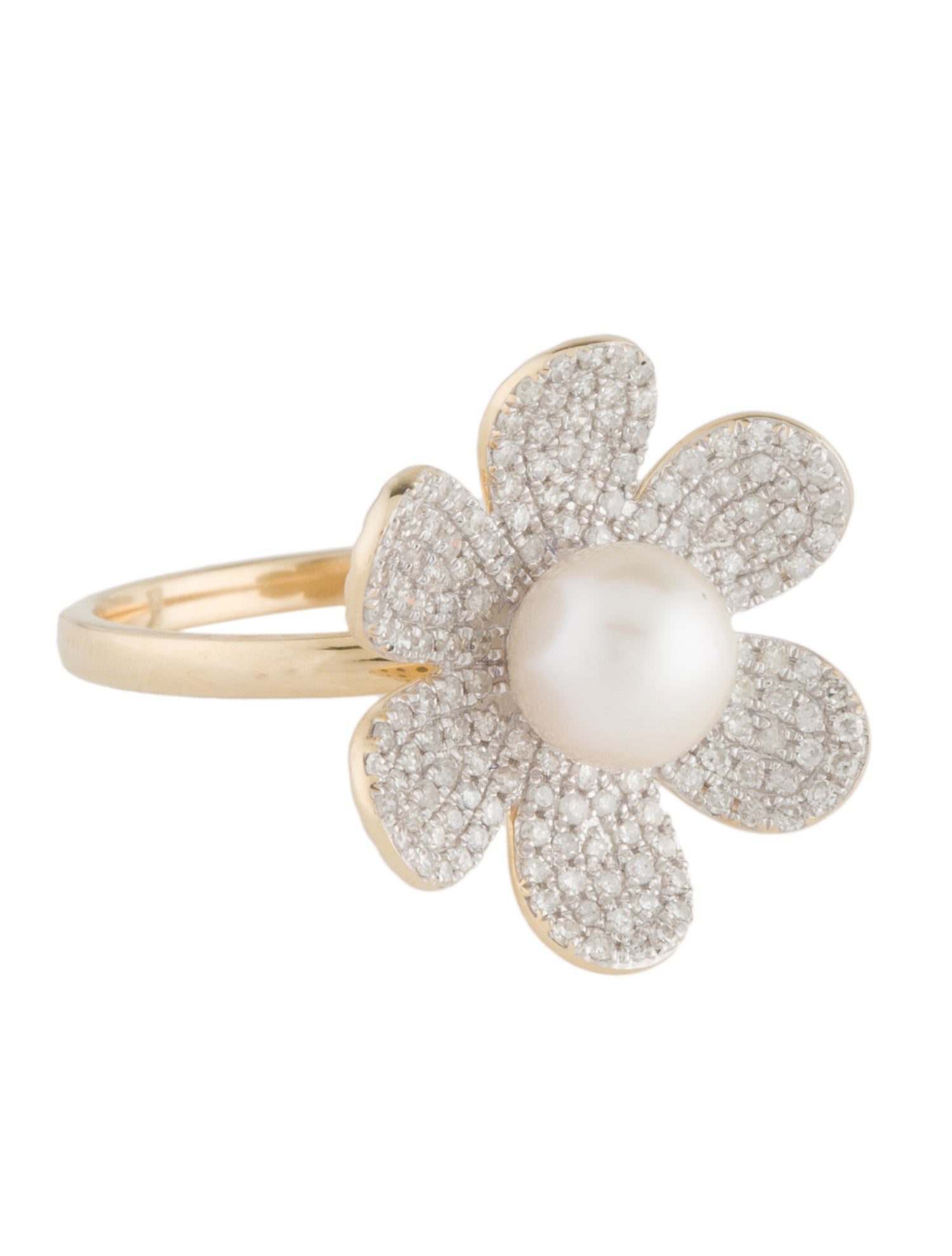 Ring 14K Pearl & Diamond Flower Cocktail Ring 14K Yellow Gold