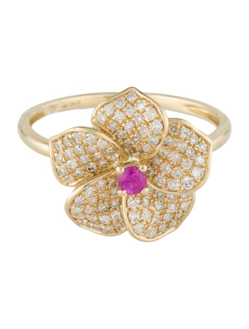 Ring 14K Ruby & Diamond Flower Cocktail Ring