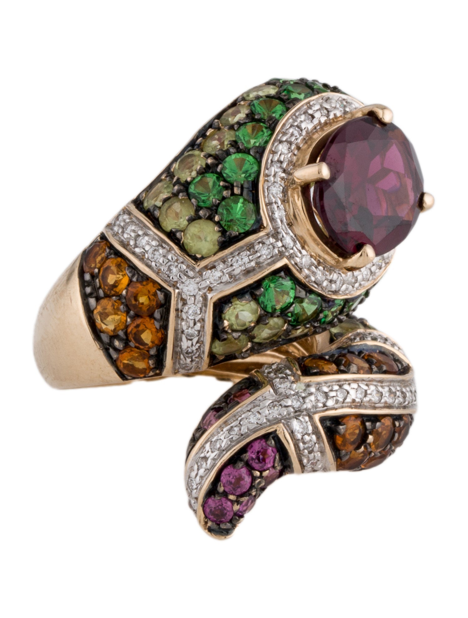 Ring 14K 3.86ct Rhodolite, Multistone & Diamond Serpent Cocktail Ring