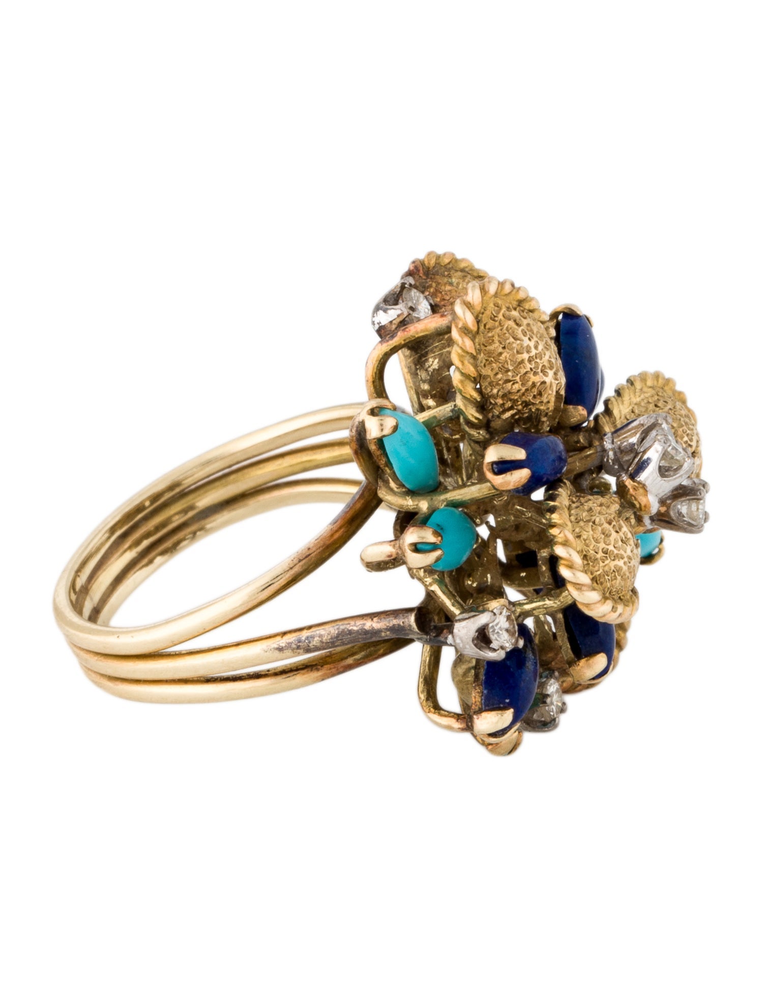 Ring 14K Lapis Lazuli, Turquoise & Diamond Cocktail Ring