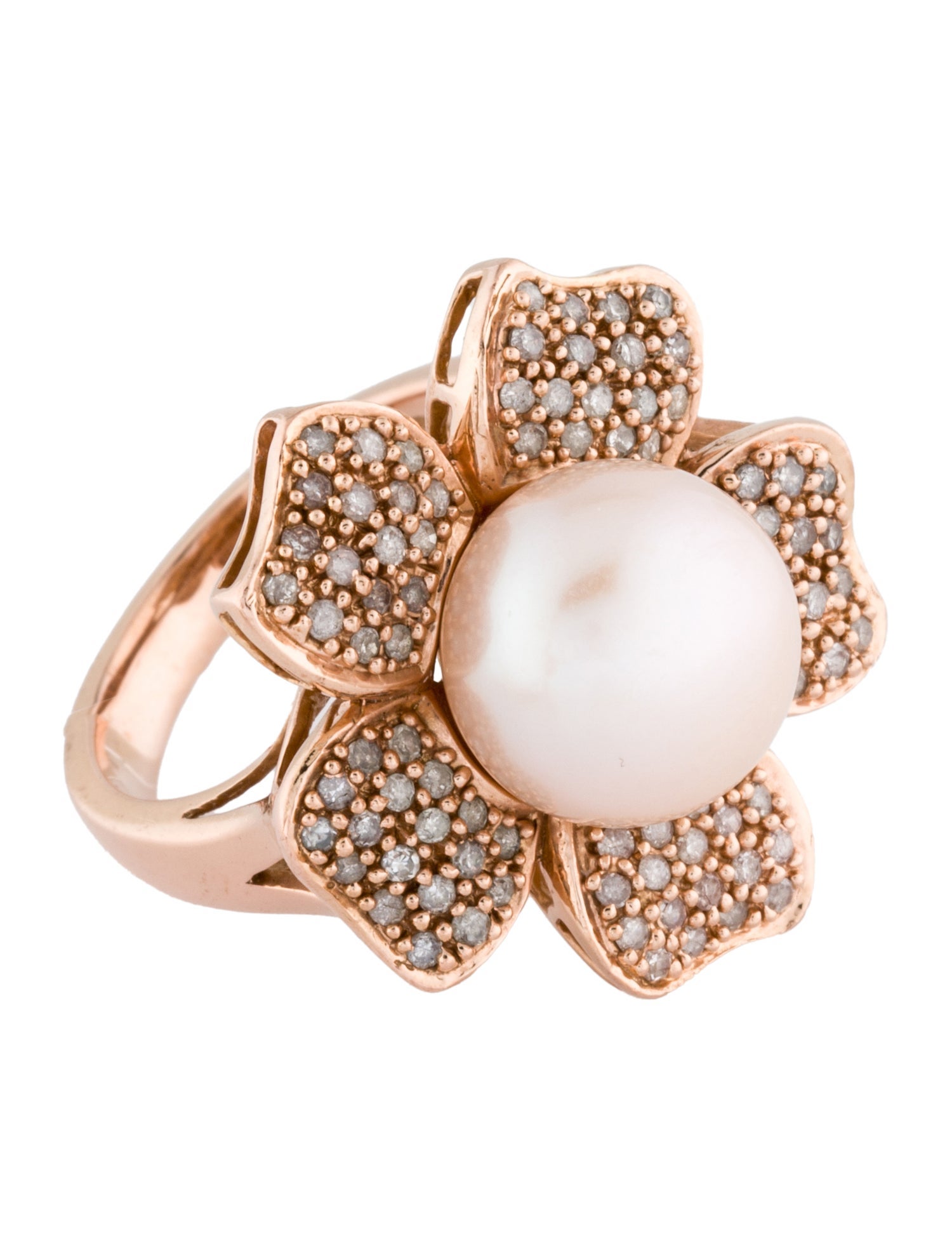 Ring 14K Pearl & Diamond Flower Cocktail Ring