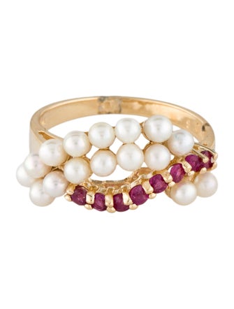 Ring 14K Pearl & Ruby Cocktail Ring