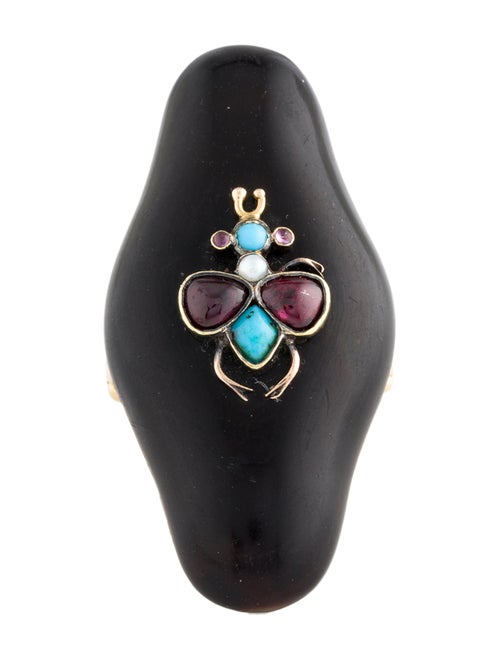 Ring 14K Horn, Turquoise & Garnet Cocktail Ring