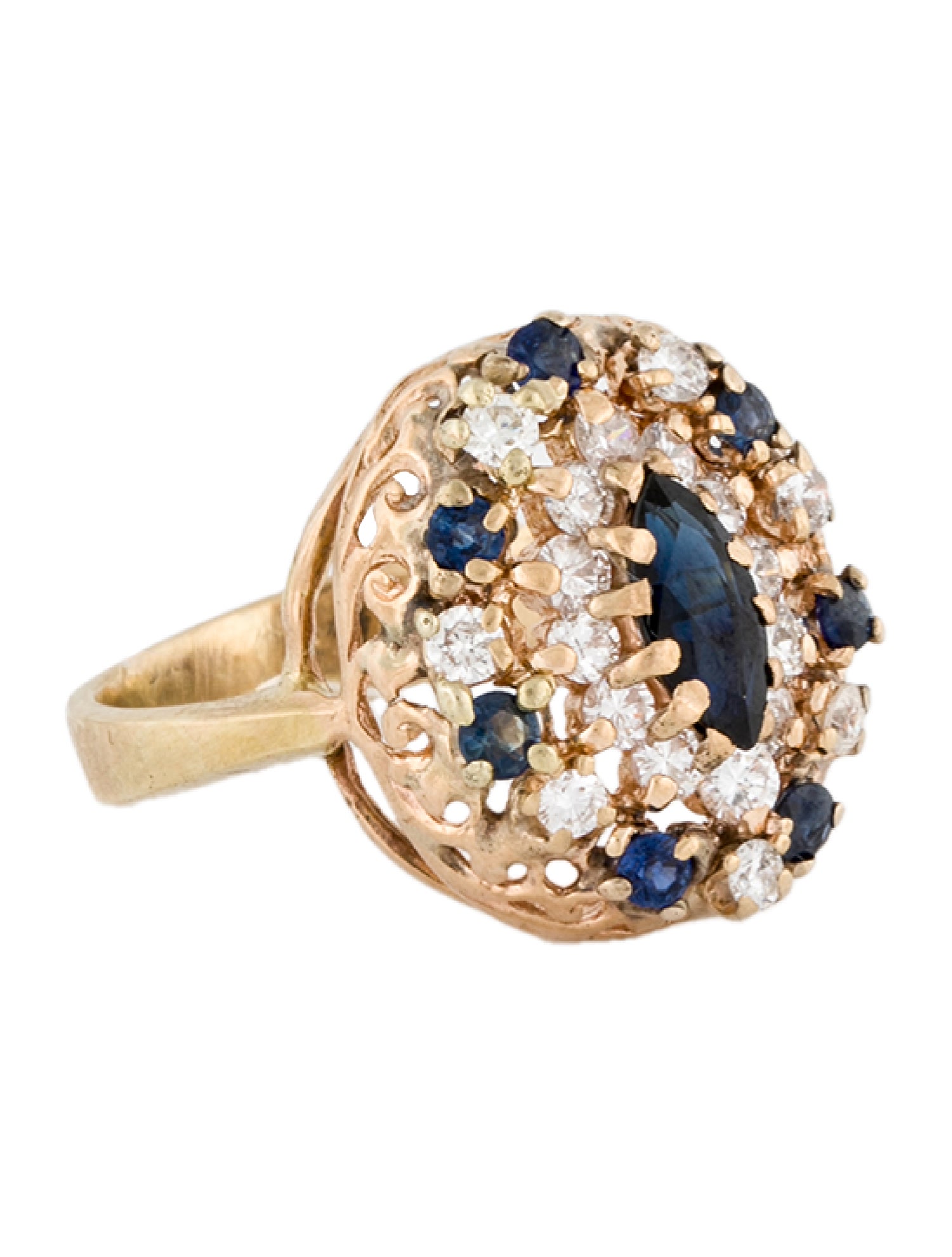 Ring 14K Sapphire & Diamond Filigree Cocktail