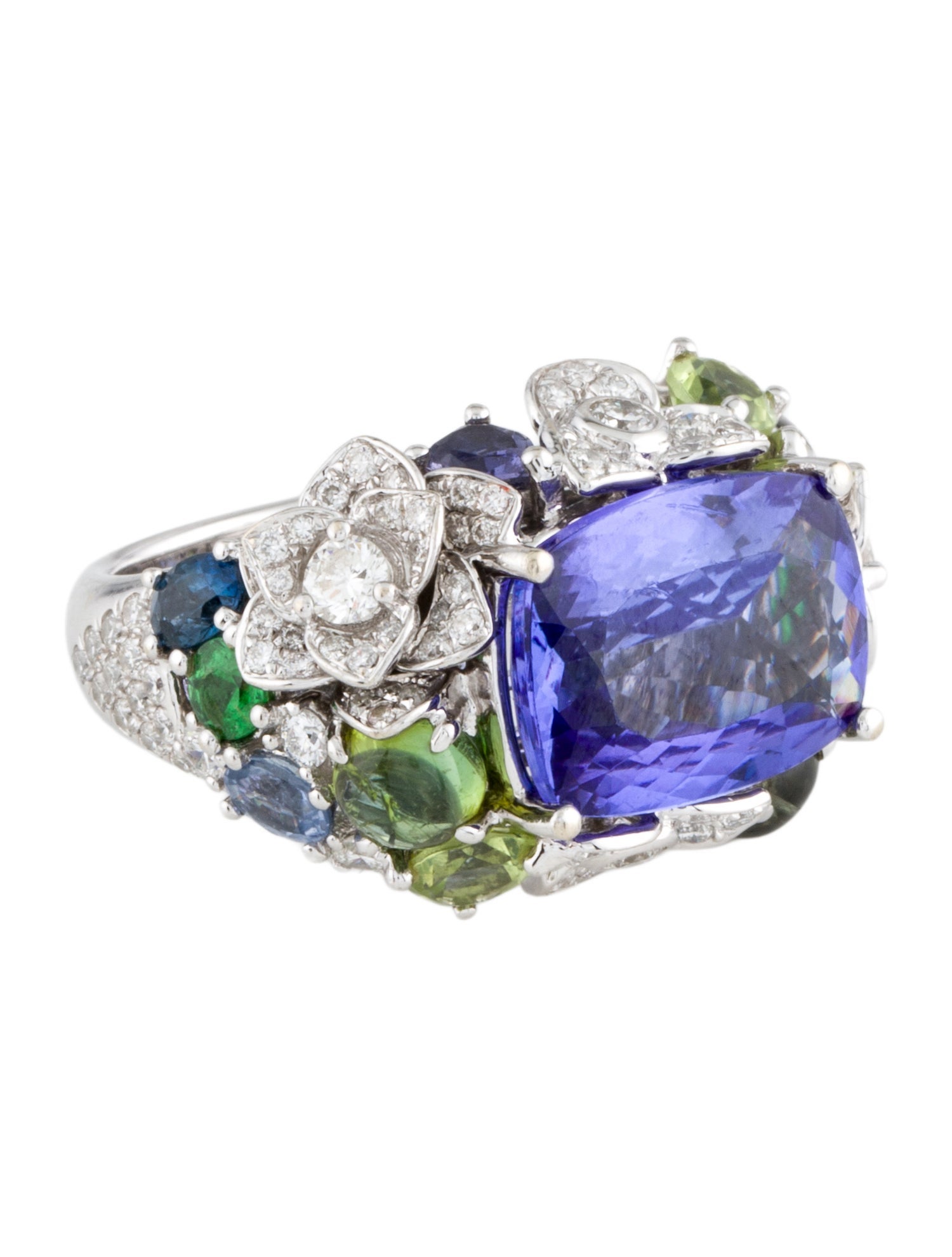 Ring 18K 7.09ct Tanzanite, Multistone & Diamond Cocktail