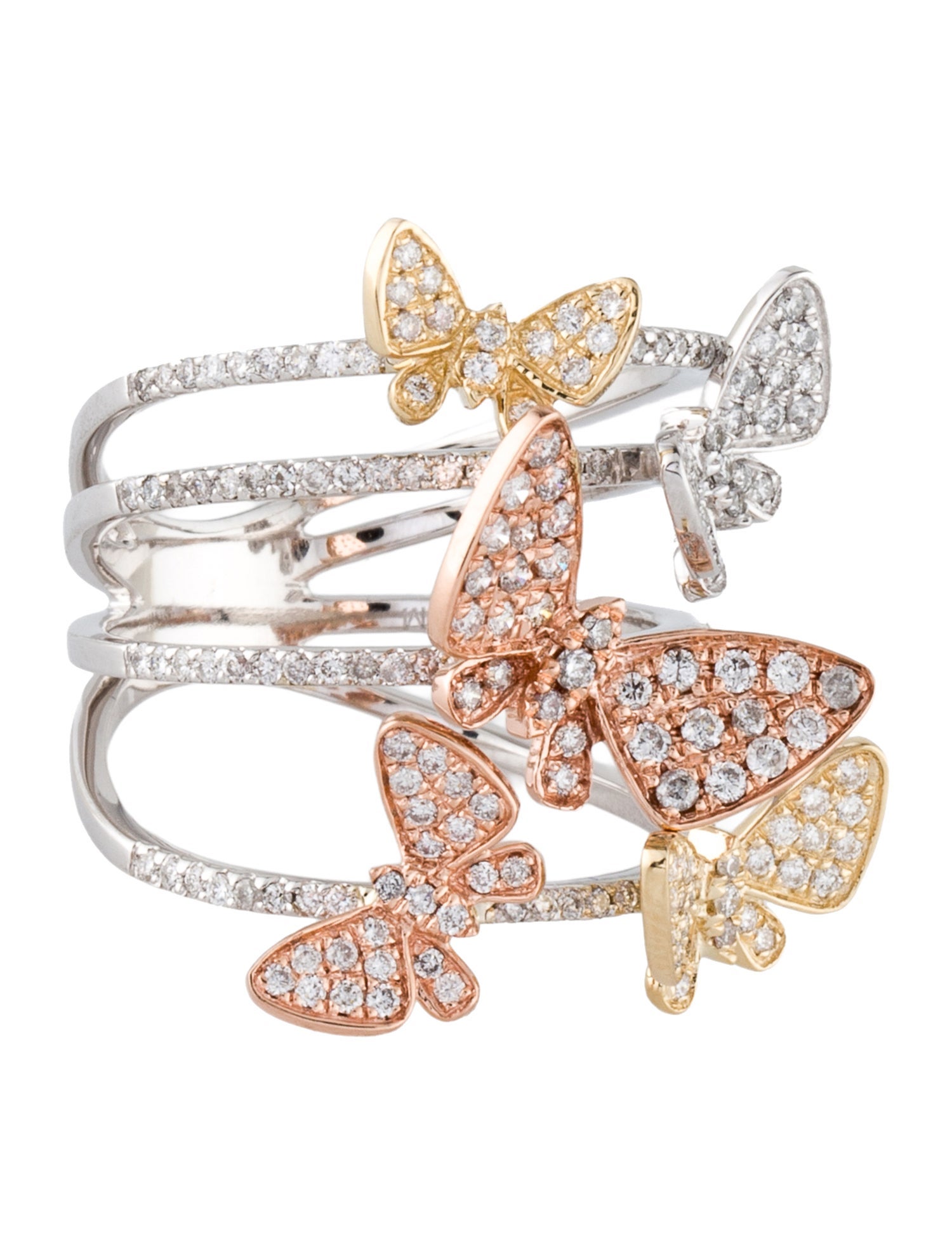 Ring 14K 1.05ctw Diamond Butterfly Four Row Cocktail Ring