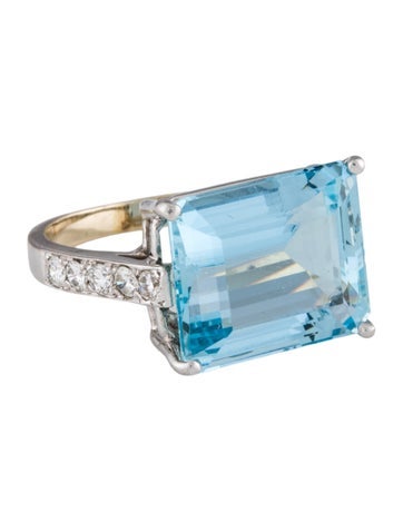 Ring Cocktail Rhodium Plated 14K White Gold Aquamarine & Diamond 7.75